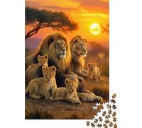 Famille de Lions Puzzle 1000 Pièces Papier pour Adultes Coucher de Soleil Africain Puzzle en Famille Détente Décoratif Cadeau 70x50cm/1000pcs