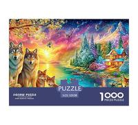 Famille de Loup par Le lac, scène de Coucher de Soleil vibrante Puzzle De 1000 Pièces Loup Cool Classique Et Défiant, Cadeau pour Toutes Les Âges 52x38cm/1000pcs