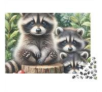 Famille de Ratons Laveurs Mignons Puzzle de 1000 Pièces pour Adultes Ratons Laveurs Adorables sur Souche d'arbre Stimulant Premium Épais Robuste Vibrant Anti-Stress 52x38cm/1000pcs