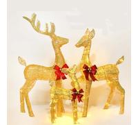 Famille de Rennes Lumineuses, Ensemble Familial de Rennes 3 Pièces, Décoration de Noël de Renne Doré 3D avec 240 LED, Cloches, Nœuds Rouges, pour Cour, Jardin