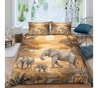 Famille d'éléphants Housse de Couette résistante 3 Pièces 3D Effet Douce Safari wildlife illustration Parure de Lit avec Fermeture Éclair Confortable for Garçons Adolescents Single（135x200cm）