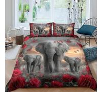 Famille d'éléphants Parure de Lit Microfibre résistante 3 Pièces 3D Effet Léger Fantaisie Nature Art Housse de Couette avec Taie d'oreiller Facile d'entretien for Garçon Single（135x200cm）