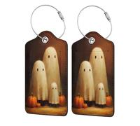 Family of Cute Ghosts and Pumpkins Lot de 2 étiquettes de bagage en cuir avec rabat d'intimité et boucle en métal pour femme et homme