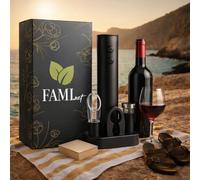 FAMInet- Tire-bouchon électrique vin - Ouvre-bouteille automatique avec accessoires : coupe-capsule, aérateur, verseur, base - Idée cadeau Noël homme, anniversaire, coffret cadeau vin original