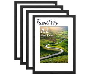 FamiPrts Lot de 4 cadres photo A2 en bois, polyvalents, double orientation (paysage/portrait), crochets muraux inclus, support mural pour la maison, le bureau, la galerie