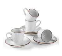 famiware Lot de 4 tasses à expresso et soucoupes en céramique avec poignée - Passe au micro-ondes et au lave-vaisselle - Pour thé, latte - 85 g - Cercle blanc