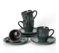 famiware Lot de 4 tasses à expresso océan avec soucoupes, 95 ml, ensemble de tasses à café pour latte, macchiato, demi-tasses en grès pour café, micro-ondes et lave-vaisselle, forêt profonde