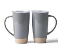 famiware Milkyway Lot de 2 grandes tasses à café en céramique avec couvercle et poignée pour latte, thé, cacao, lait, maison et bureau, gris foncé
