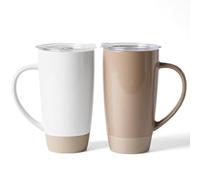 famiware Milkyway Lot de 2 grandes tasses à café en céramique avec couvercle et poignée pour latte, thé, cacao, lait, maison et bureau, blanc et marron cannelle de 591 ml