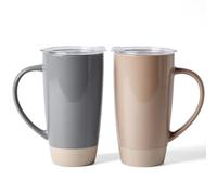 famiware Milkyway Lot de 2 grandes tasses à café en céramique avec couvercle et poignée pour latte, thé, cacao, lait, maison et bureau, marron cannelle et gris foncé de 591 ml