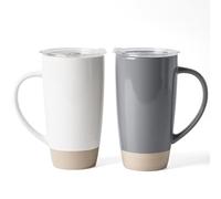 famiware Milkyway Lot de 2 grandes tasses à café en céramique avec couvercle et poignée pour latte, thé, cacao, lait, maison et bureau, blanc et gris foncé de 591 ml