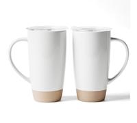 famiware Milkyway Lot de 2 grandes tasses à café en céramique avec couvercle et poignée pour latte, thé, cacao, lait, maison et bureau, blanc