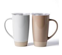 famiware Milkyway Lot de 2 grandes tasses à café en céramique avec couvercle et poignée pour latte, thé, cacao, lait, maison et bureau, marron cannelle et gris clair de 591 ml
