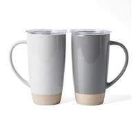 famiware Milkyway Lot de 2 grandes tasses à café en céramique avec couvercle et poignée pour latte, thé, cacao, lait, maison et bureau, gris clair et gris foncé de 591 ml