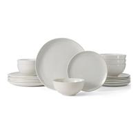 Famiware Moonlight Service de table 24 pièces en grès avec finition lin, passe au micro-ondes et au lave-vaisselle, résistant aux éclats et aux rayures, blanc