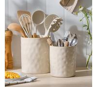 famiware Ocean Lot de 2 porte-ustensiles de cuisine en céramique pour comptoir, pots à ustensiles de cuisine, organisateur d'ustensiles pour spatule et cuillère, décoration de cuisine, blanc vanille