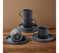 famiware Star Lot de 4 petites tasses à expresso et soucoupes en céramique nervurée avec poignée pour thé, latte, passe au micro-ondes et au lave-vaisselle, gris foncé mat de 85 g