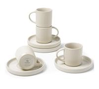 famiware Star Lot de 4 petites tasses à expresso et soucoupes en céramique nervurée avec poignée pour thé, latte, passe au micro-ondes et au lave-vaisselle, 85 ml, blanc mat