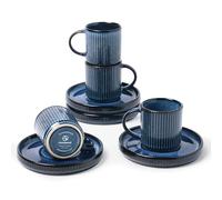 famiware Star Lot de 4 petites tasses à expresso et soucoupes en céramique nervurée avec poignée pour thé, latte, passe au micro-ondes et au lave-vaisselle, 85 ml, bleu nébuleuses