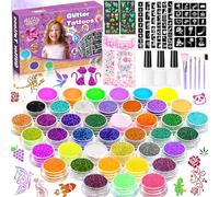 FAMKEEP Kit de Tatouage à Paillettes Enfant,42 Couleurs Tatouage Temporaire à Paillettes,223 Pochoirs, 5 Pinceaux,Non Toxique Kit Maquillage de Tatouage Paillette Pour Carnaval Noël Anniversaire Fille