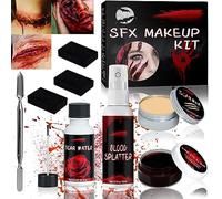 FAMKEEP Maquillage Halloween Effets Spéciaux,Kit de Cire de Cicatrice,avec Faux Spray Sanguin,Faux Gel Sanguin,éponge,Grattoir,Convient pour Les Jeux de Rôle et Les Fêtes D'Halloween