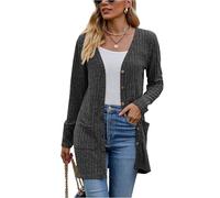 Famulily Cardigan à manches longues ouvert sur le devant pour femme, col en V boutonné léger, avec poches, rayonne polyester élasthanne, S-XXL, beige/noir/bleu/vert militaire/kaki/rouge/vin, gris