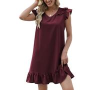 Famulily Robe courte d'été sexy pour femme avec col en V et ourlet à volants, bordeaux, M