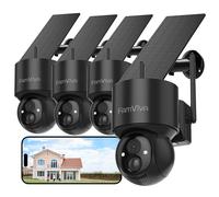 FAMVIVA Caméras de sécurité solaires sans fil 2K, PTZ à 360 ° alimentées par batterie pour la sécurité à domicile, caméra extérieure WiFi 2,4 G avec vision nocturne en couleur, étanchéité IP66, alarme