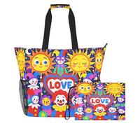 famyily Circus Clown Lot de 2 sacs fourre-tout de plage esthétiques de grande capacité avec fermeture éclair et poches en filet, pour piscine, croisière, plage, vacances