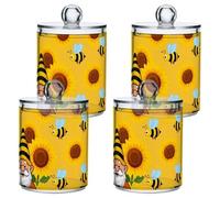 famyily Nain de tournesol avec abeilles en plastique transparent avec couvercle - Bac de rangement décoratif pour cotons-tiges, cotons-tiges, cure-fil, trombones, pinces à cheveux - Lot de 4