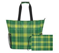famyily Sac de sport portable à carreaux vert jaune avec fermeture éclair et poches en maille, 2 sacs de nuit pour jouets, serviettes, voyage, croisière
