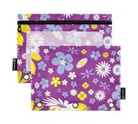 famyily Unique Flower Purple Pencil Zipper with Clear Window Plastic Pencil Case in Assorted Colors Classers 3 Rings School Class Office Organizers Multicolore 2 PCS