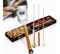 Fan Mier Spatule pour barbecue en acier inoxydable 42 cm - Extra large 9,5 cm Spatule multifonction avec décapsuleur & bord dentelé, poignée en bois + 3 brochettes - Accessoires de barbecue - Boîte