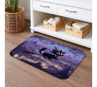 Fanciful Cat Tapis de bain médiéval en flanelle lavable pour salle de bain, toilettes, toilettes, motif balai violet, 40,6 x 61 cm