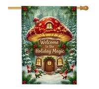 Fanciful Champignon Holiday Welcome Christmas House Flag 71,1 x 101,6 cm | Scène de forêt fantaisie, drapeau de cour, décoration saisonnière, charmants accents de jardin, thème d'hiver enchanteur