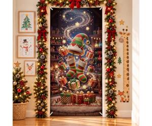 Fanciful Faerie Workshop Décoration de Noël Chapeau de Porte Couvre 91,4 x | Thème atelier fantaisie, toile de fond de porte d'entrée, bas rayés, boîtes cadeaux, décoration d'intérieur saisonnière