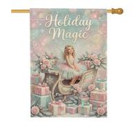 Fanciful Fairy Holiday Magic Christmas House Flag Drapeau 71 x 101,6 cm | Traîneau vintage, drapeau de pelouse, roses de pêche, boîtes cadeaux décoratives, scène du pays des merveilles d'hiver