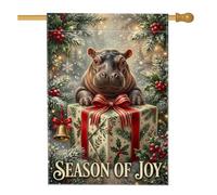 Fanciful Hippo Drapeau de maison avec citation de la saison de Noël 71 x | Branches de pin d'hiver, drapeau de cour, baies de houx de vacances, cloches dorées, illustration de boîte cadeau