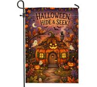 Fanciful Pumpkins Cottage Halloween Scène Jardin Drapeau 30,5 x 45,7 cm | Chalet citrouilles, drapeau de cour, animaux de la forêt, fantômes mignons, feuillage d'automne, thème récolte