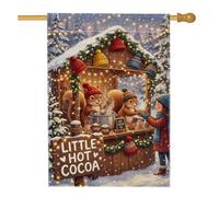 Fanciful Woodland Hot Cocoa Stand Drapeau de Noël 71 x 101 cm | Thème de la forêt d'hiver, drapeau de pelouse, support de cacao chaud confortable, lumières féériques vives