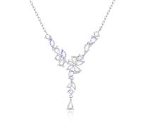 FANCIME Glycine Bouquet Collier pour Femmes Argent Sterling Plaqué Or Blanc Pendentif Fleur Violette Tombant en Y Bijoux Fin Cadeau Mariage Anniversaire Diplôme pour Épouse Femme Mariée Elle