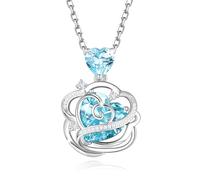 FANCIME Thornless Pulse Collier avec pierre de naissance pour femme en argent sterling avec pendentif rose Bijou fin Cadeau d'anniversaire de Noël pour femme, Argent sterling Or, Aigue-marine