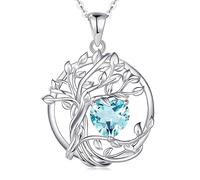 FANCIME Tree of Life Collier arbre de vie en argent sterling plaqué Or blanc avec pendentif en pierre de naissance, bijou d'anniversaire, cadeau de Noël pour femme, maman, aigue-marine