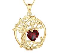 FANCIME Tree of Life Collier arbre de vie en argent sterling plaqué or jaune avec pendentif en pierre de naissance, bijou d'anniversaire, cadeau de Noël pour femme, maman, grenat
