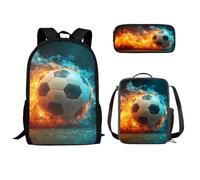 FANCOSAN Lot de 3 sacs à dos d'école pour enfants, sac à dos de sport, football, basket-ball, boîte alimentaire isotherme, trousse à crayons à fermeture éclair, Fire Soccer, One Size