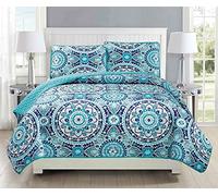 Fancy Collection Parure de lit matelassée 3 pièces pour très Grand lit/très Grand lit californien Motif Floral Bleu Turquoise Gris Sarcelle