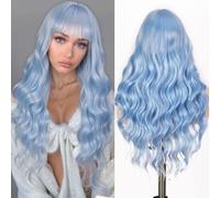 Fancy Hair Perruque bleu clair avec frange de 66 cm de long en cheveux synthétiques ondulés bouclés résistants à la chaleur pour femme, cosplay, fête, usage quotidien