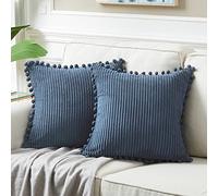 Fancy Homi Lot de 2 housses de coussin décoratives carrées avec pompons, en velours côtelé uni et doux, pour salon, canapé, chambre, 40 x 40 cm, bleu poudré
