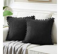 Fancy Homi Lot de 2 housses de coussin décoratives carrées avec pompons, en velours côtelé uni et doux, pour canapé, sofa, chambre, voiture, salon, 40 x 40 cm, noires