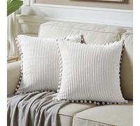 Fancy Homi Lot de 2 housses de coussin décoratives carrées avec pompons, en velours côtelé uni et doux, pour canapé, salon, chambre, sofa, voiture, 50 x 50 cm, blanc pur